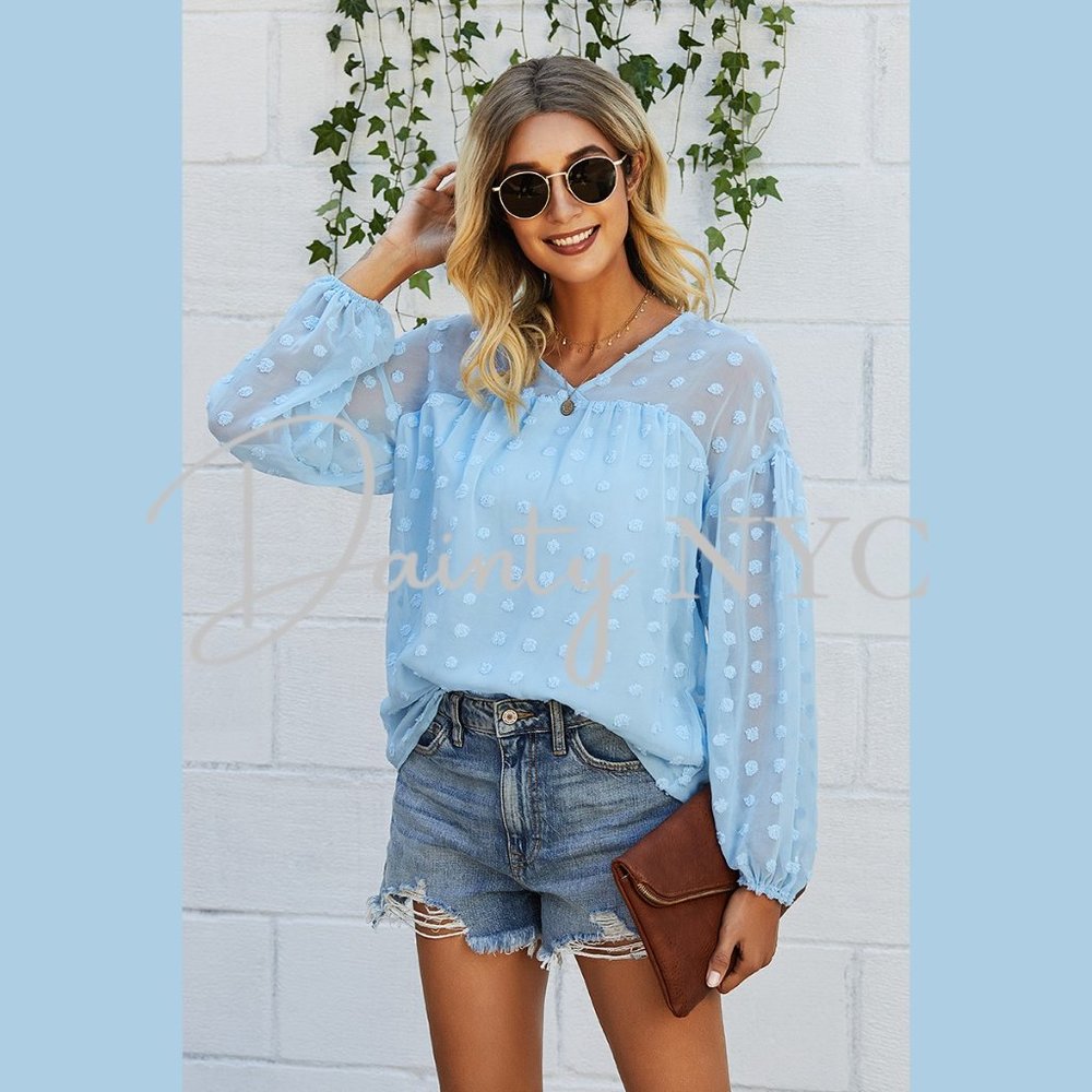 Baby Blue Sheer Polka Dot Bubble Sleeve Blouse - Picture 5 of 7